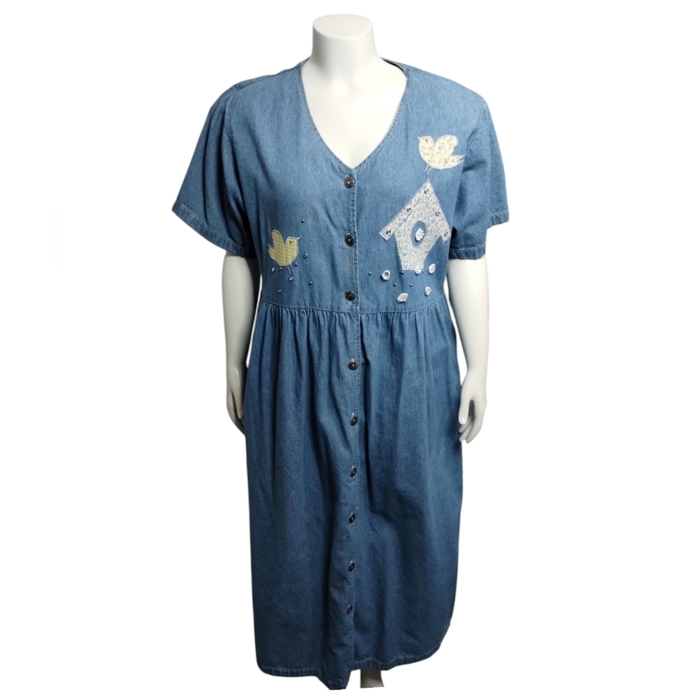 Vintage Miss & Mrs Womens‎ Size XL Patchwork Jumper Bird Cottagecore Denim Dress
